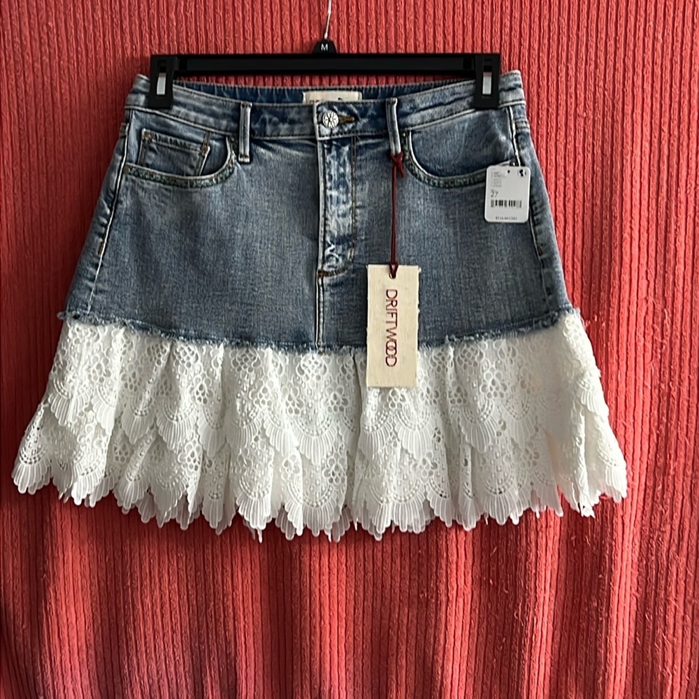 NWT Free People Juliette Denim Skirt Size 27 Tucson Lace -Runs Large Waist 15”